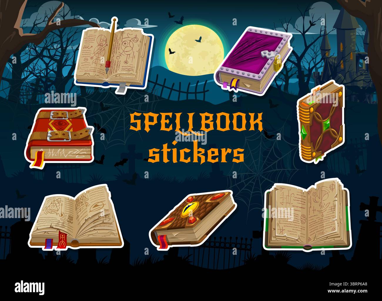 Magic spellbook, medieval game book stickers pack. Fantasy set of ...