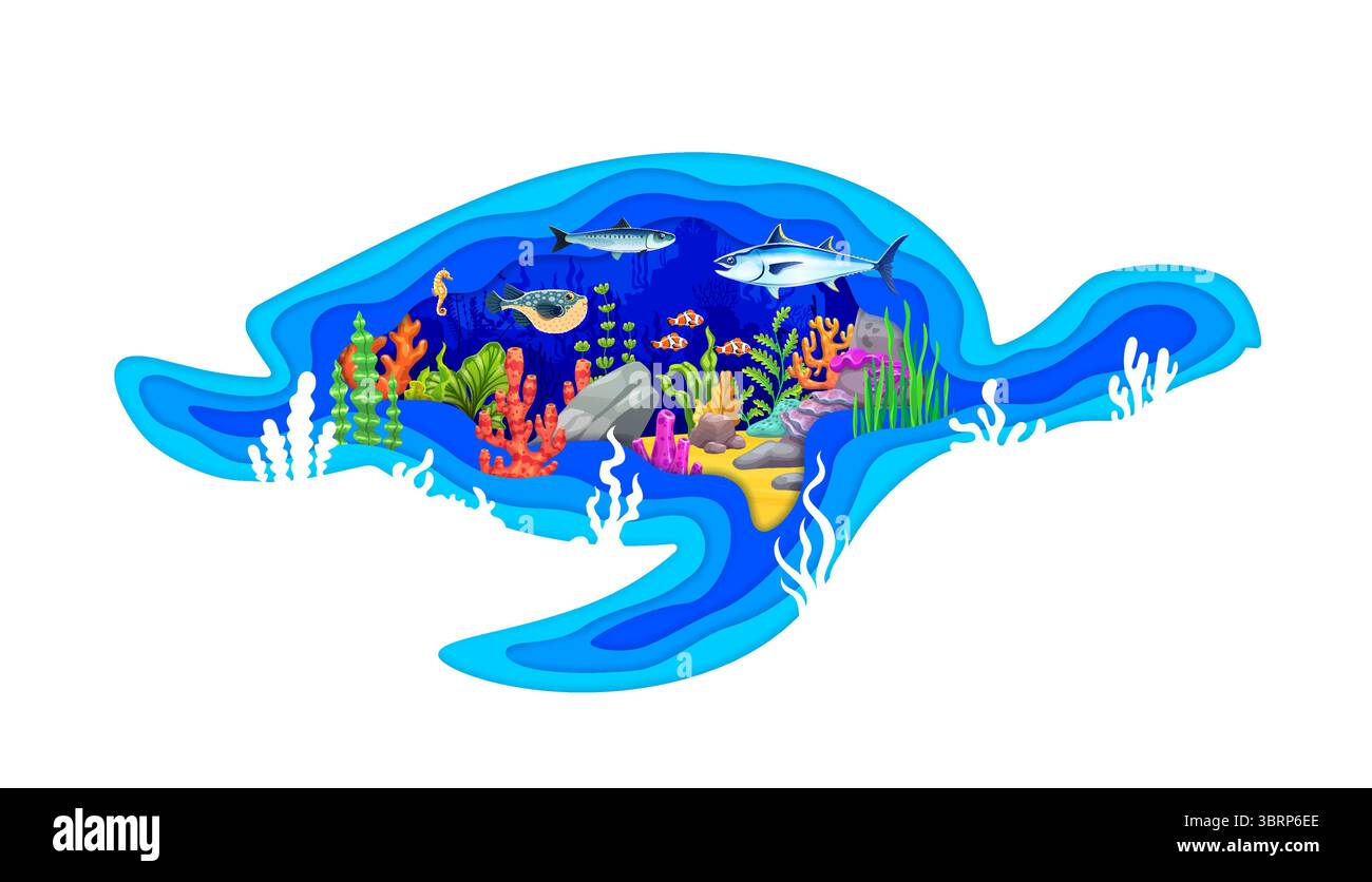 Paper cut turtle silhouette with underwater landscape, seaweeds and ...