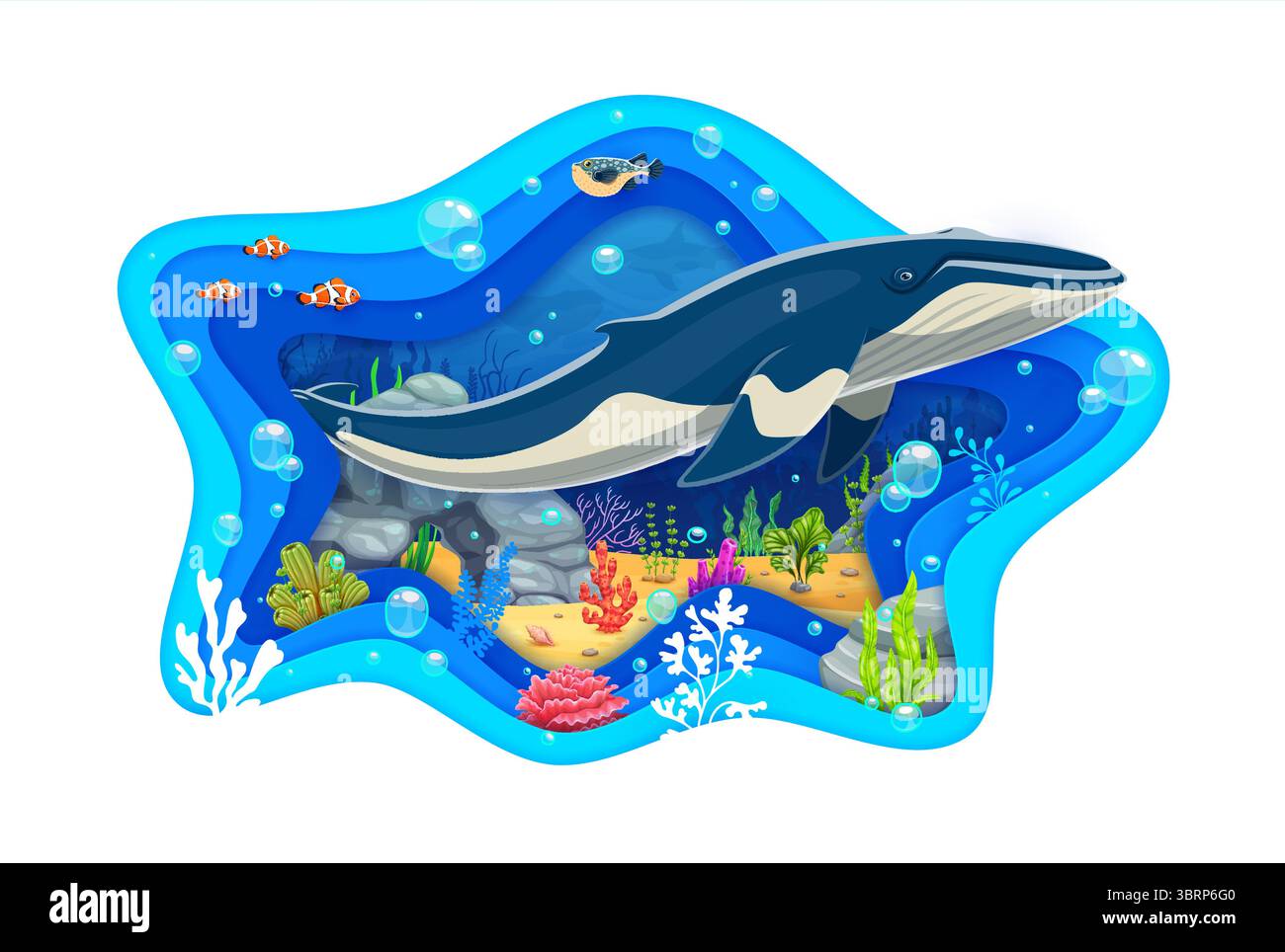 Cartoon paper cut underwater landscape with funny whale and fishes ...