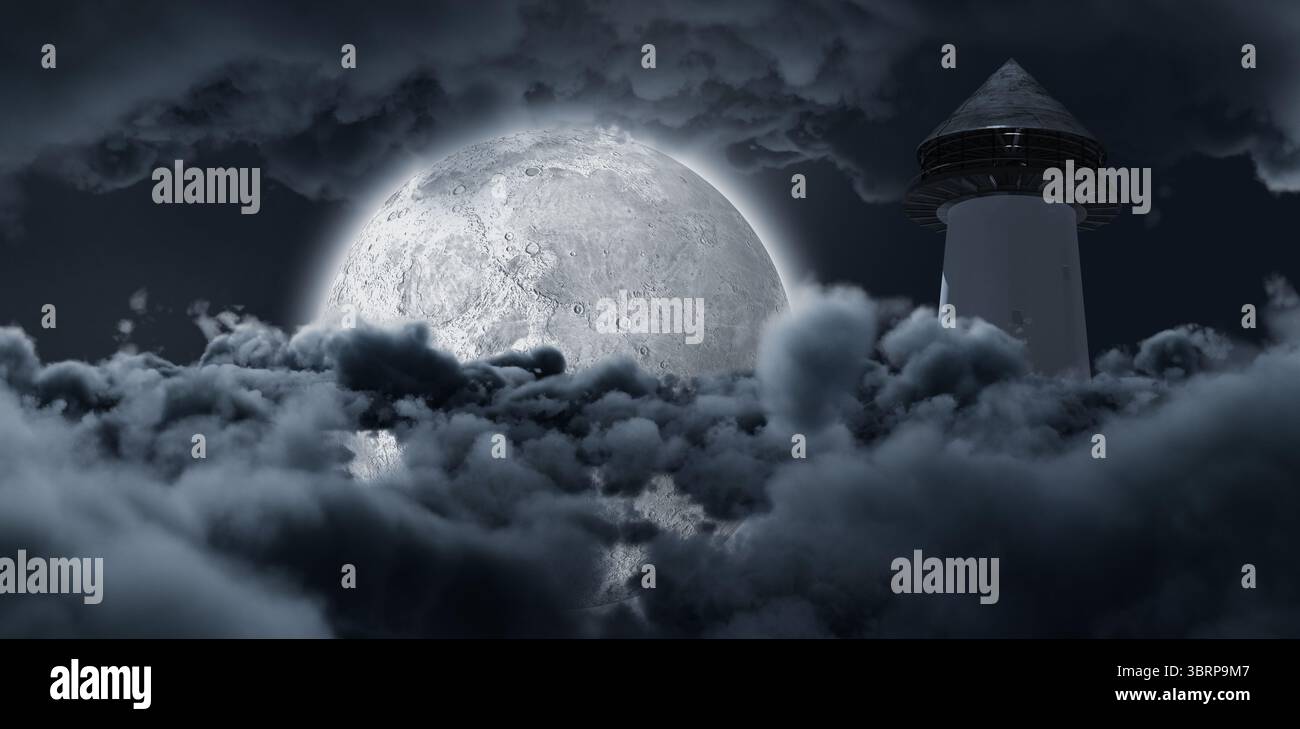 Half Moon shining between clouds and structure Stock Photo