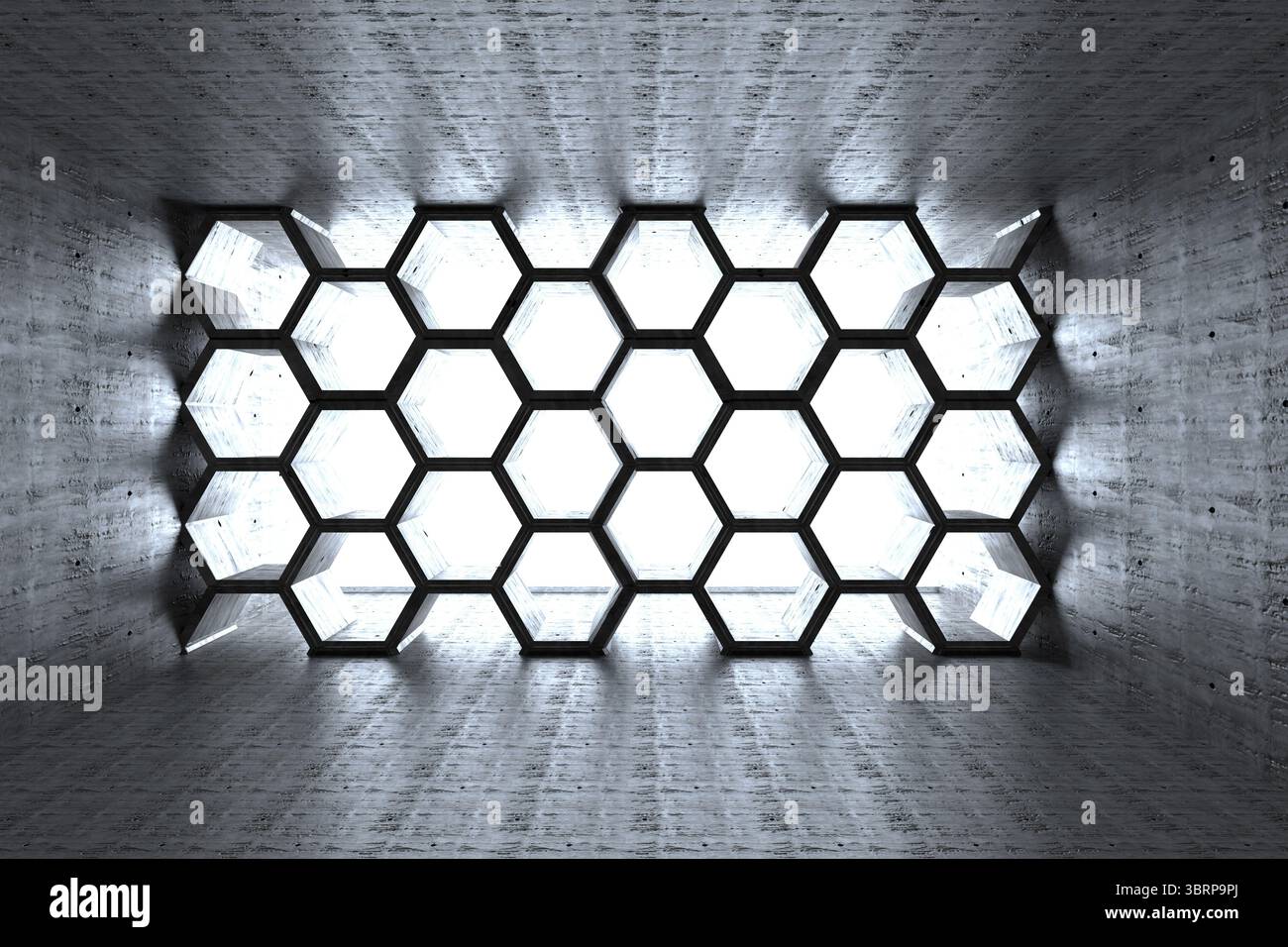 Honeycomb hexagonal grid window casting light and geometric shadows in concrete chamber, 3D render Stock Photo