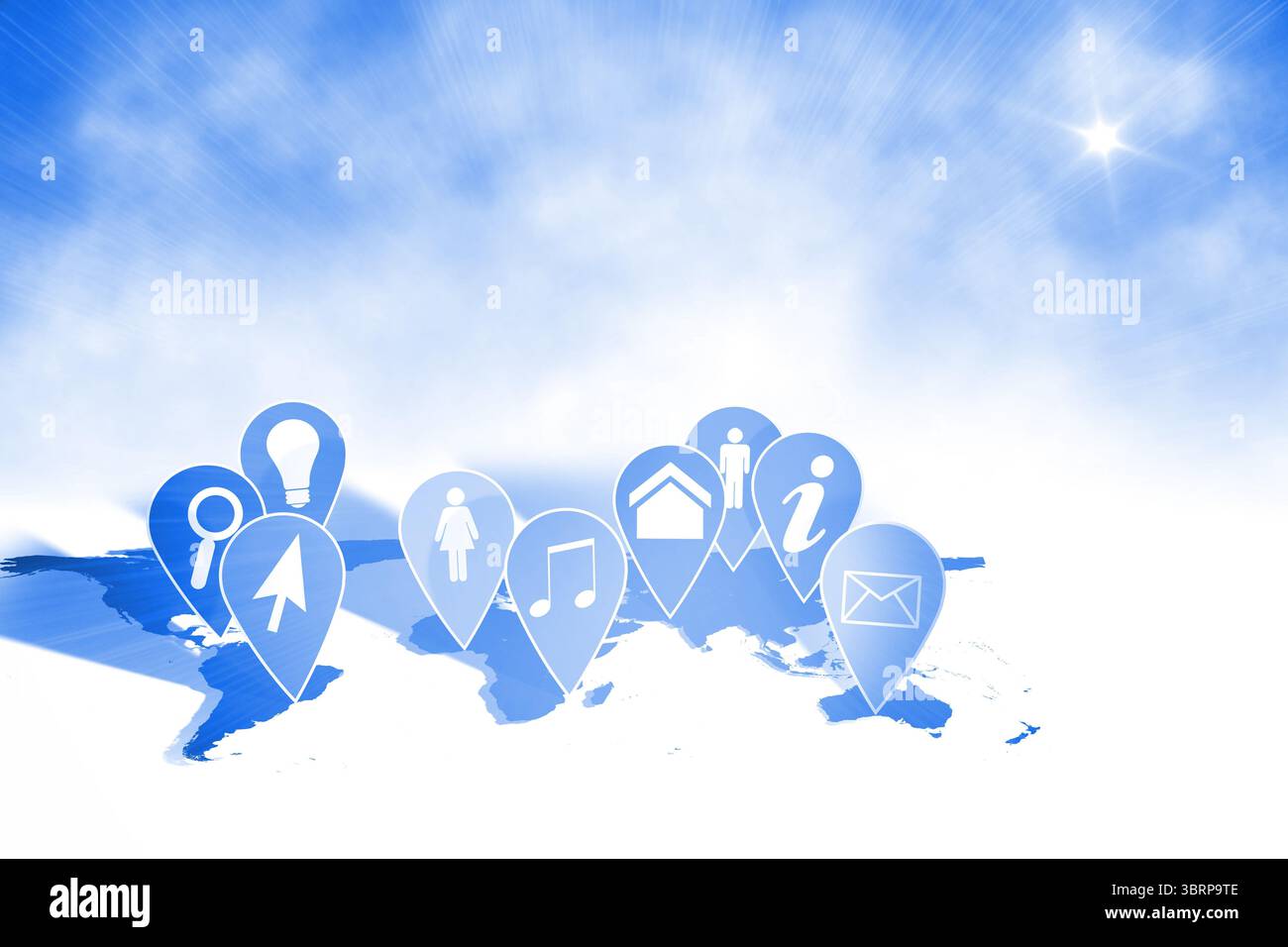 Nine blue map pins are floating over stylized world map with gradient sky, showing white symbols Stock Photo