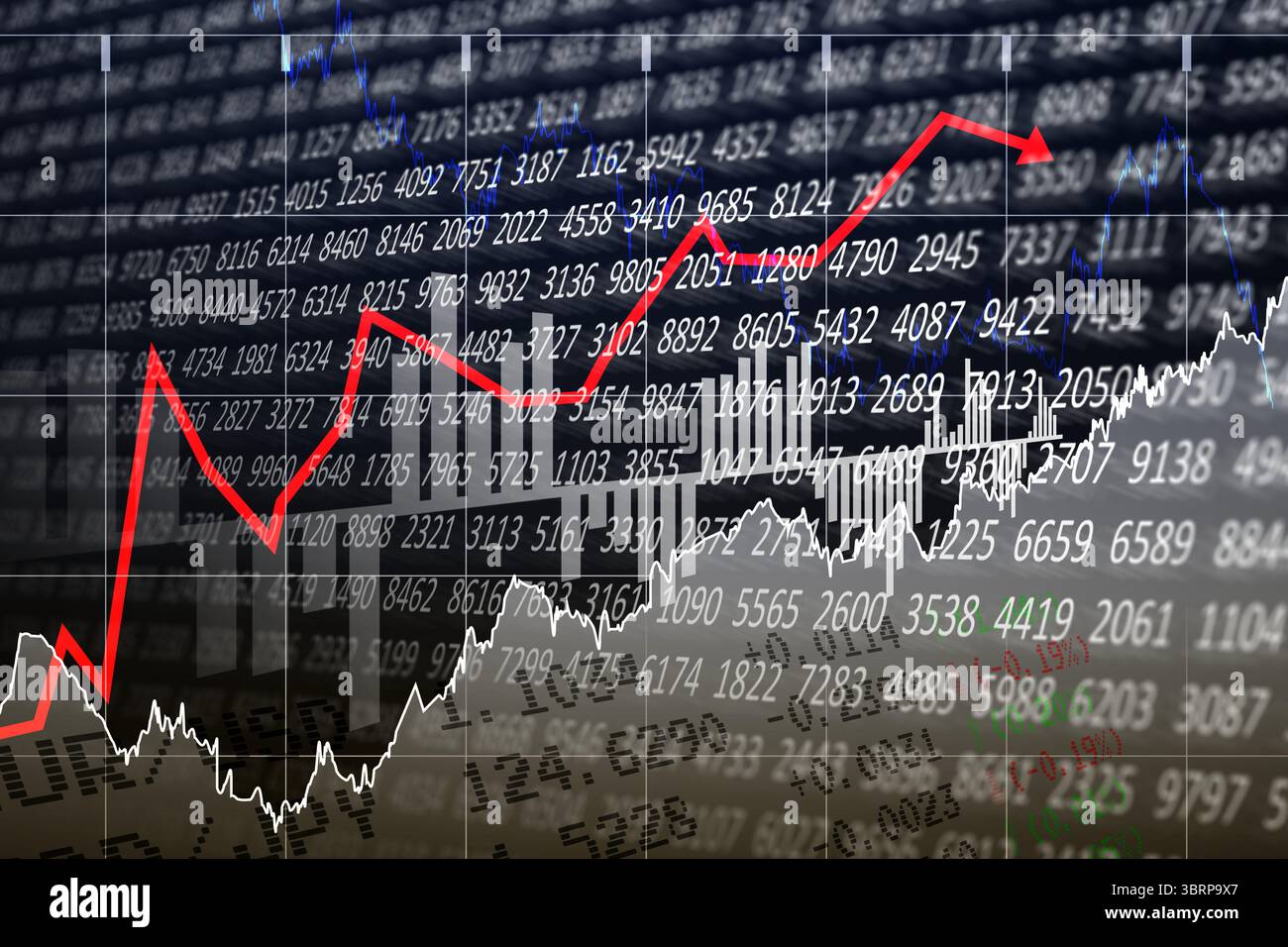 Flat design chart showing red ascending arrow rising amid blue white line charts with numeric grid Stock Photo