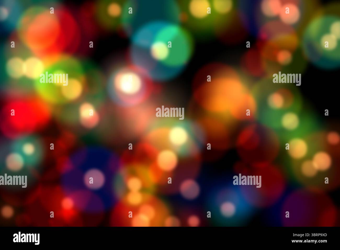 Soft-focus multicolored circles are creating abstract bokeh pattern on dark backdrop in flat design Stock Photo