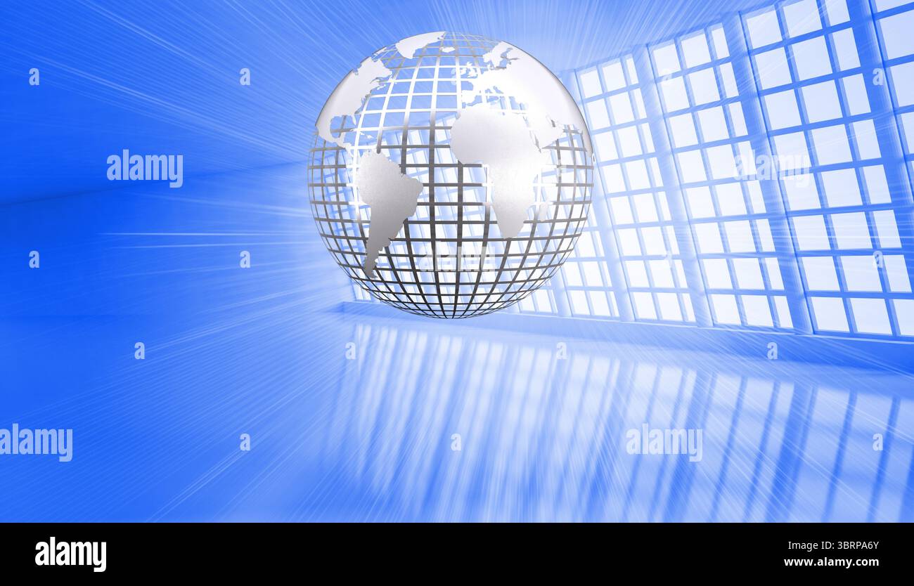 Shiny planet floating in blue room Stock Photo