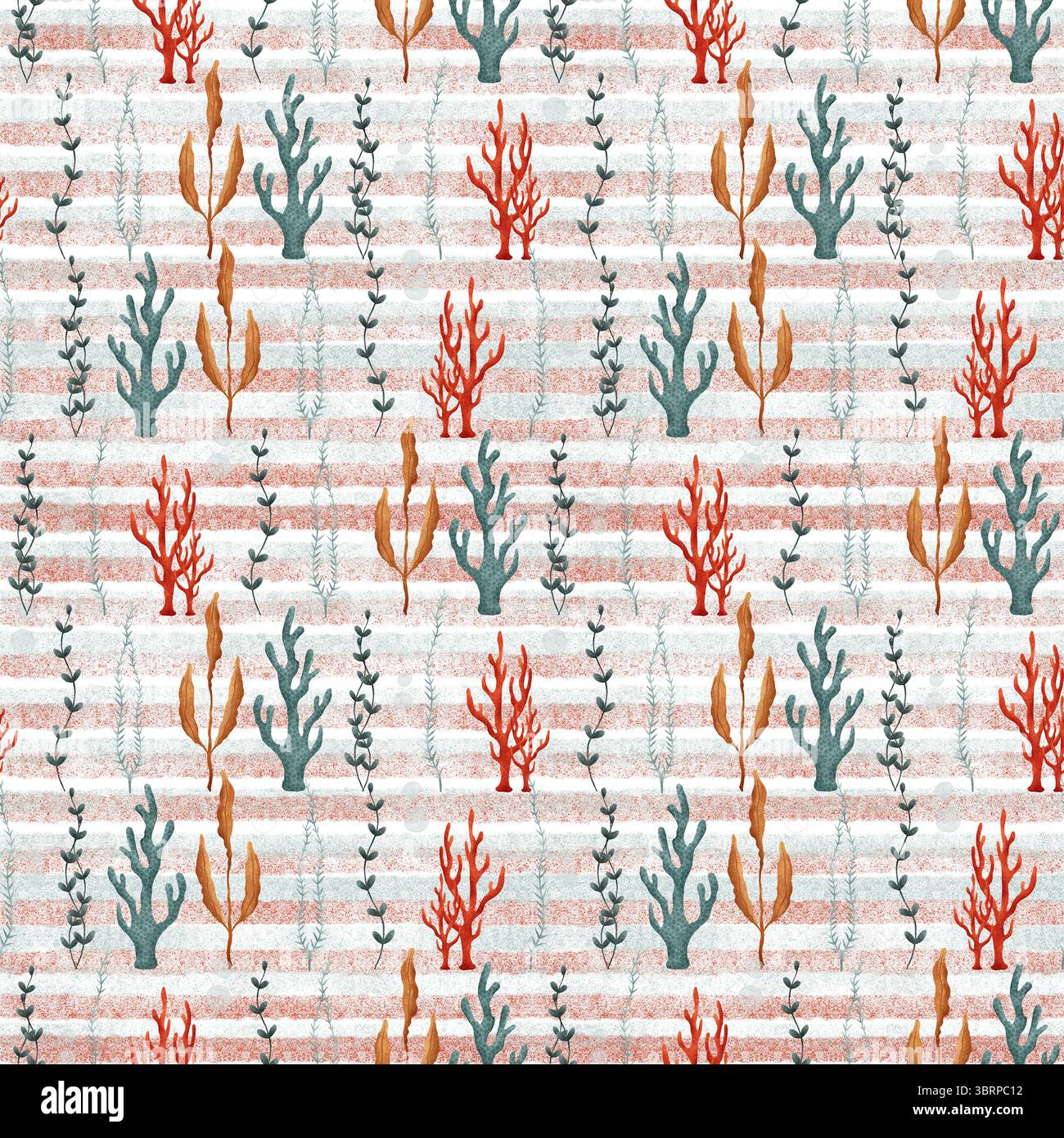 Red and blue sea corals and algae. Hand drawn seamless pattern on white ...