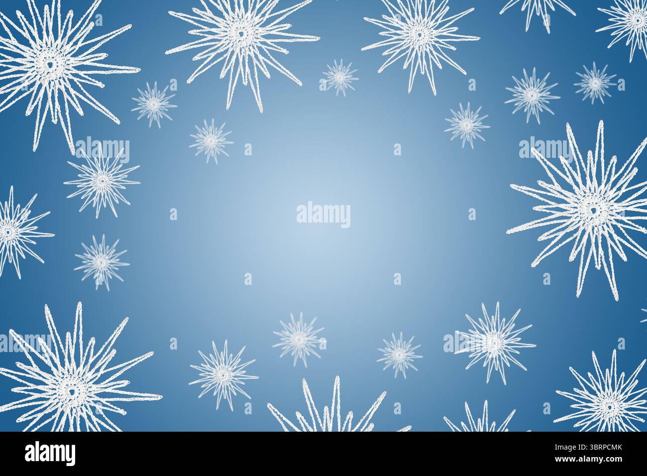 Abstract blue Christmas background made of knitted white snowflakes. Mockup for your text and sentences. Flat lay, copy space Stock Photo