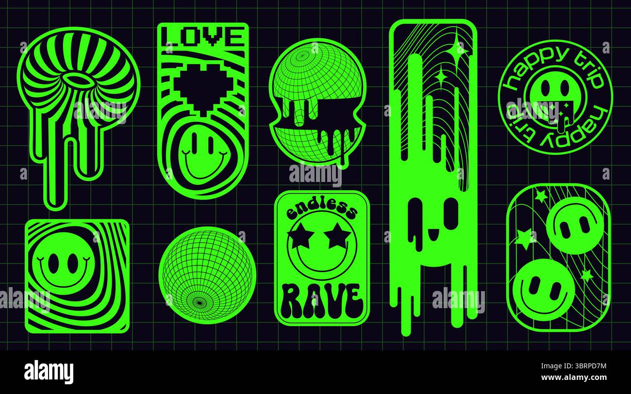 Neon green rave sticker set on grid background - wavy silhouette, pixel ...