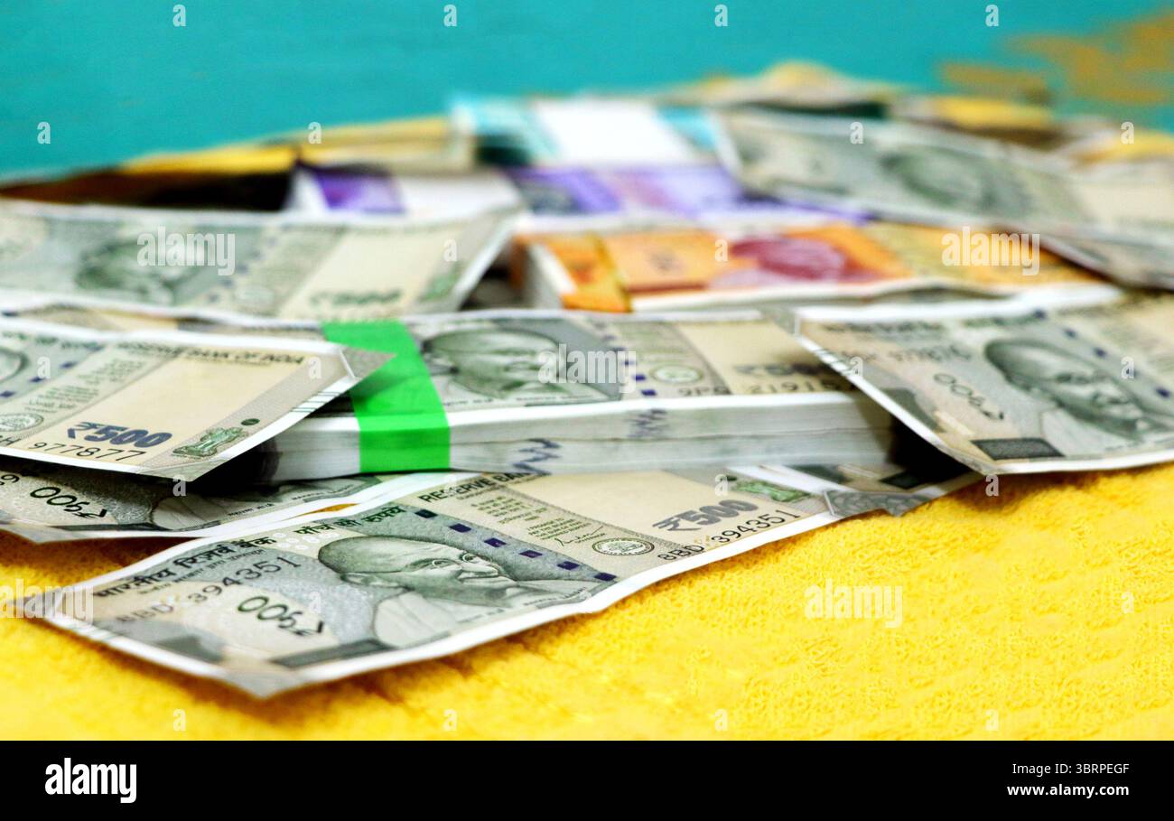 Properly arranged of new indian currency notes rupees 50,100,200 and ...