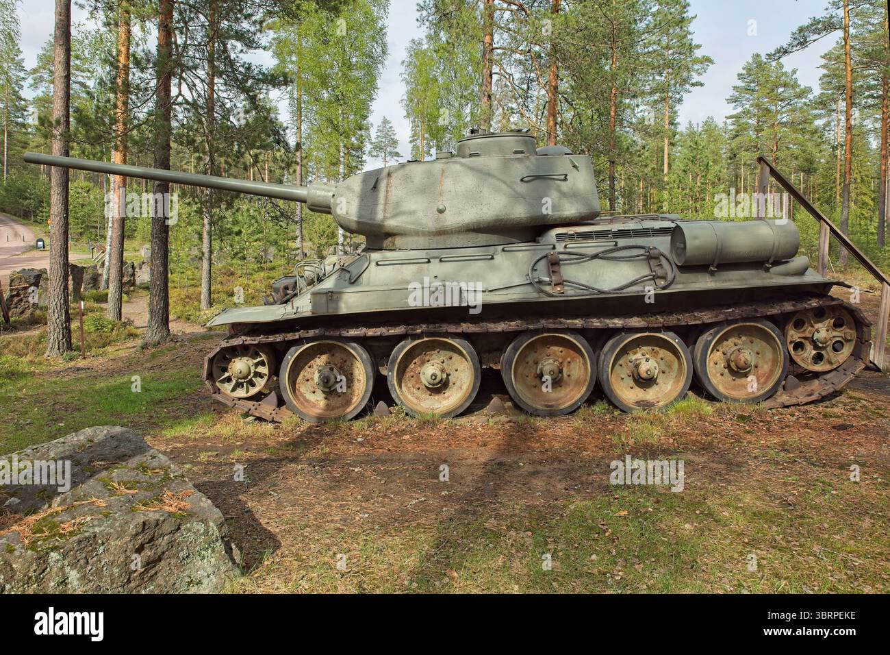 T-43 tank (model T-34-85-44) or Tank-34, which was manufactured in the early 1950s, 32 ton, 85mm canon and two 7.62mm machine guns, Salpa-line museum, Stock Photo