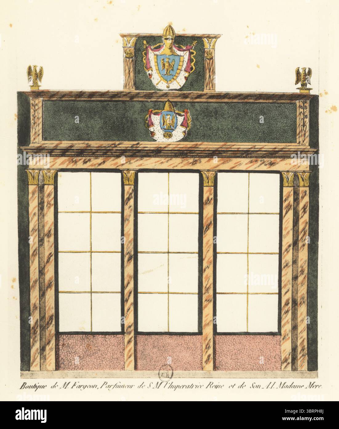 Shopfront of Jean-Louis Fargeon's perfumery. From a family of Montpelier apothecaries, he became perfumer to Marie Antoinette and later Empress Josephine. Facade with large windows decorated with crests of imperial eagles on the rue du Roule. (Now Gellé Frères.) Boutique de M Fargeon, parfumeur de SM Imperatrice Reine et de son AI Madame Mere. Handcoloured pochoir (stencil) lithograph after an engraving by Jean-Marie Mixelle from Hector Lefuel’s Boutiques Parisiennes du Premier Empire, Parisian Stores of the First Empire, Morance, Paris, 1925. Stock Photo