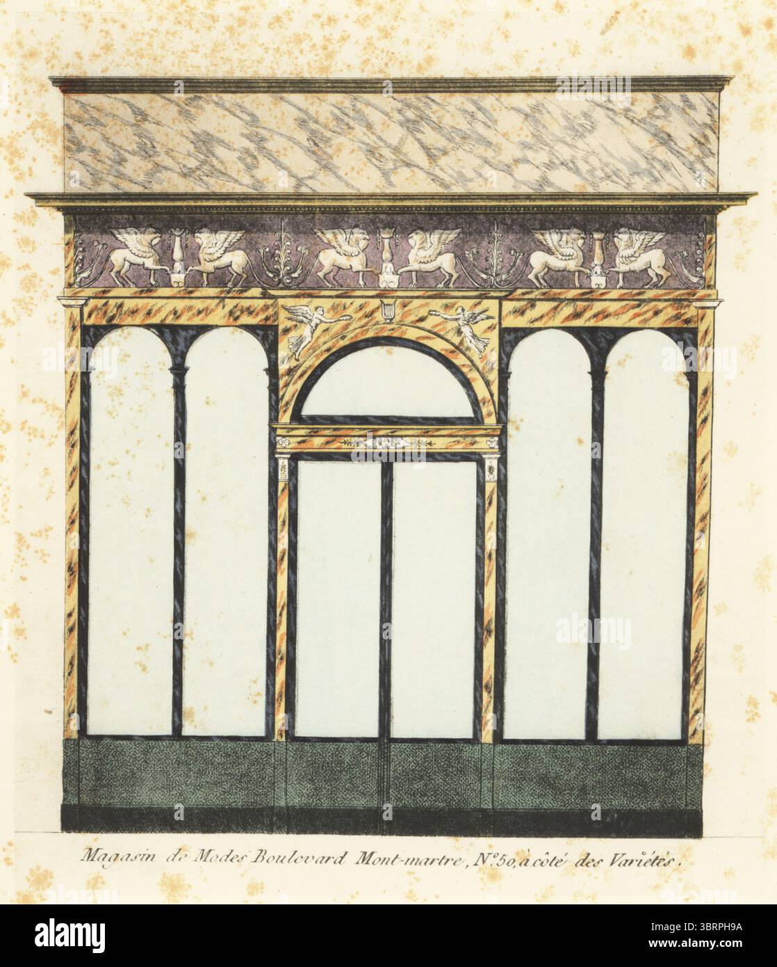 Shopfront of a fashion boutique. Large windows, doors under a decorative arch, surmounted by a frieze with griffins. Located at 50 Boulevard Montmartre, next to the Theatre des Varietes, Paris, circa 1800. Magasin de Modes, 50 Boulevard Montmartre, a cote des Varietes.Handcoloured pochoir (stencil) lithograph after an engraving by Jean-Marie Mixelle from Hector Lefuel’s Boutiques Parisiennes du Premier Empire, Parisian Stores of the First Empire, Morance, Paris, 1925. Stock Photo