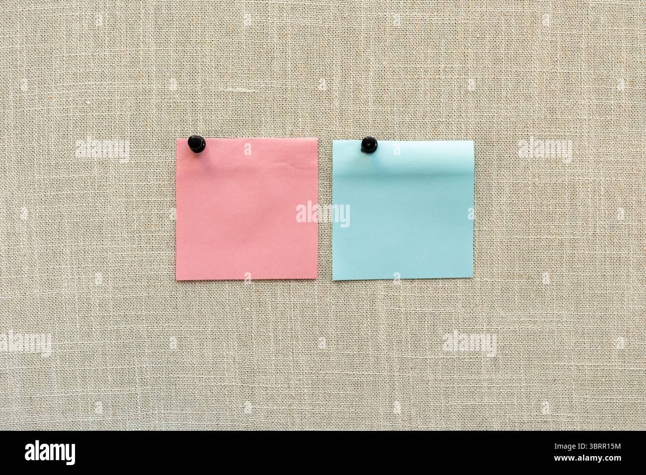 pinned blank post it note on cork board background Stock Photo