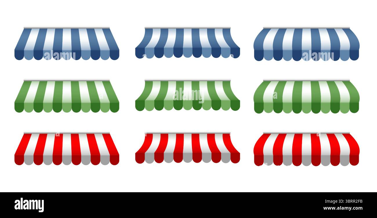 Shop sunshade with metal mount. Realistic blue striped cafe awning ...