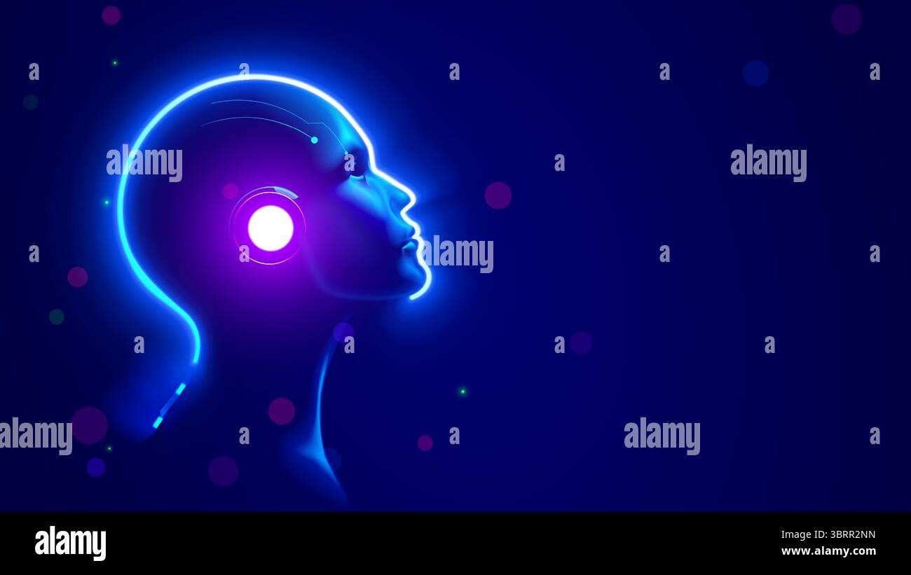 AI. AGI. Artificial intelligence in human face or head concept. Glowing neon silhouette of the head of a wise Artificial Intelligence or AGI on a blue Stock Vector