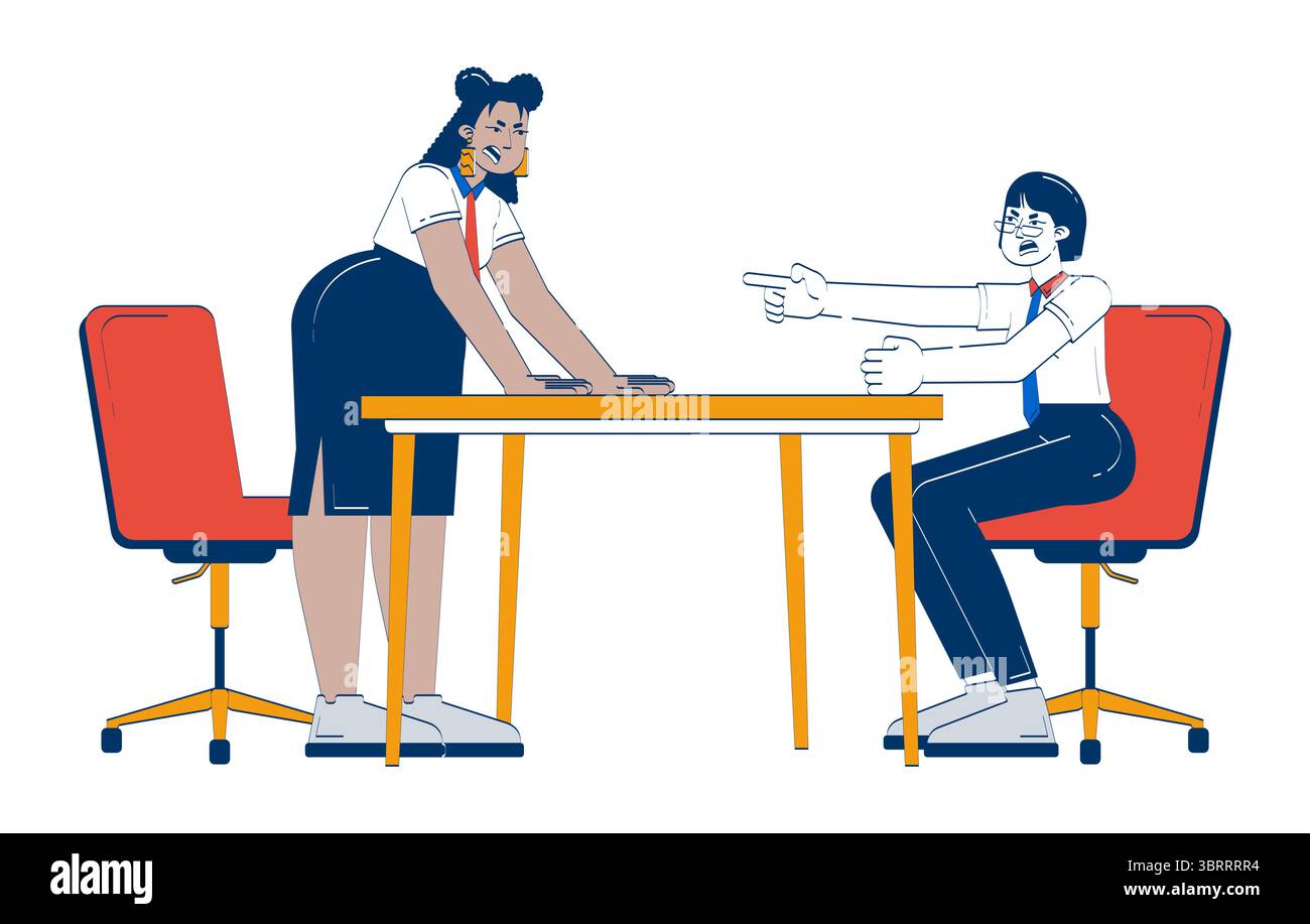 Workplace conflict between colleagues at meeting table 2D doodle characters Stock Vector