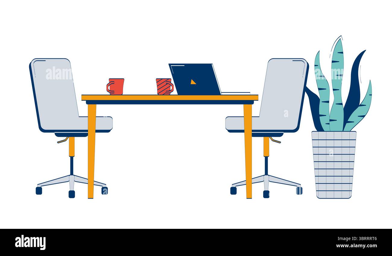 Office setup with laptop and coffee mugs 2D doodle object Stock Vector