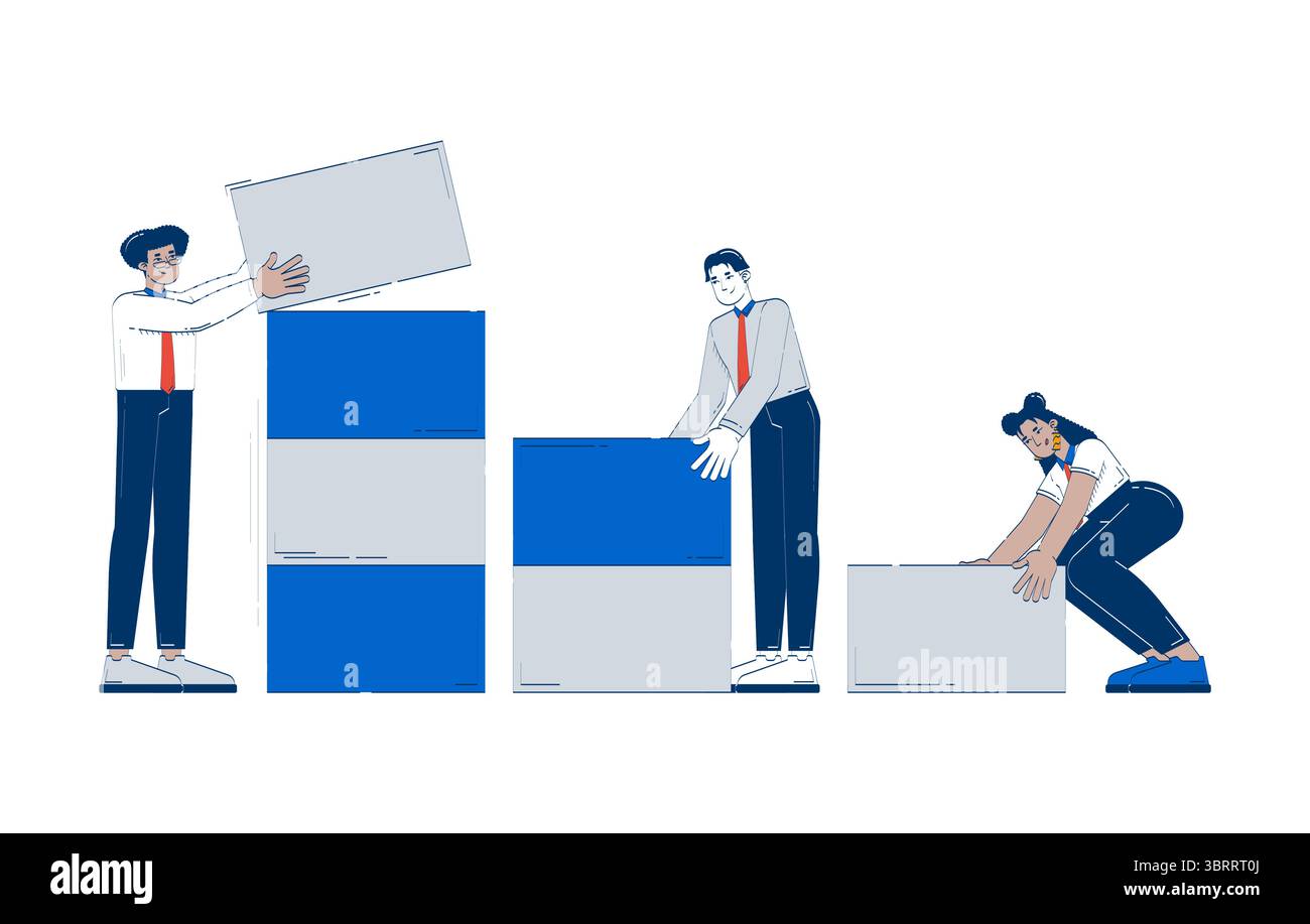 Data analytics team building dataset doodle illustration concept Stock Vector