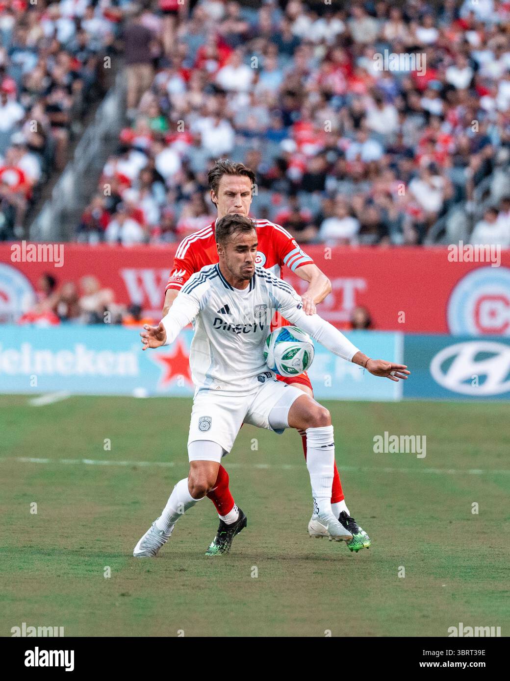 San Diego FC Forward Tomás Ángel (9) and Chicago Fire Defender Jack