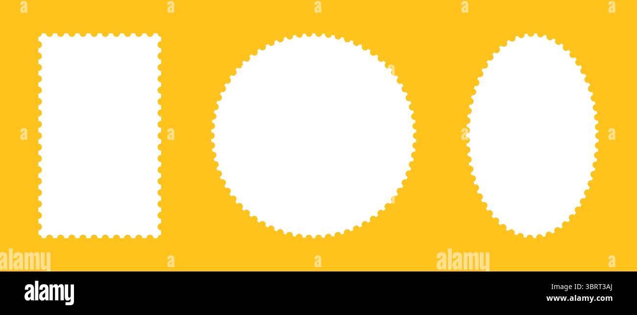 Postage stamp mockup frames. Empty borders, backdrops template for postcards, letters layout. Blank circle, oval, rectangular vintage stamps. Tag Stock Vector