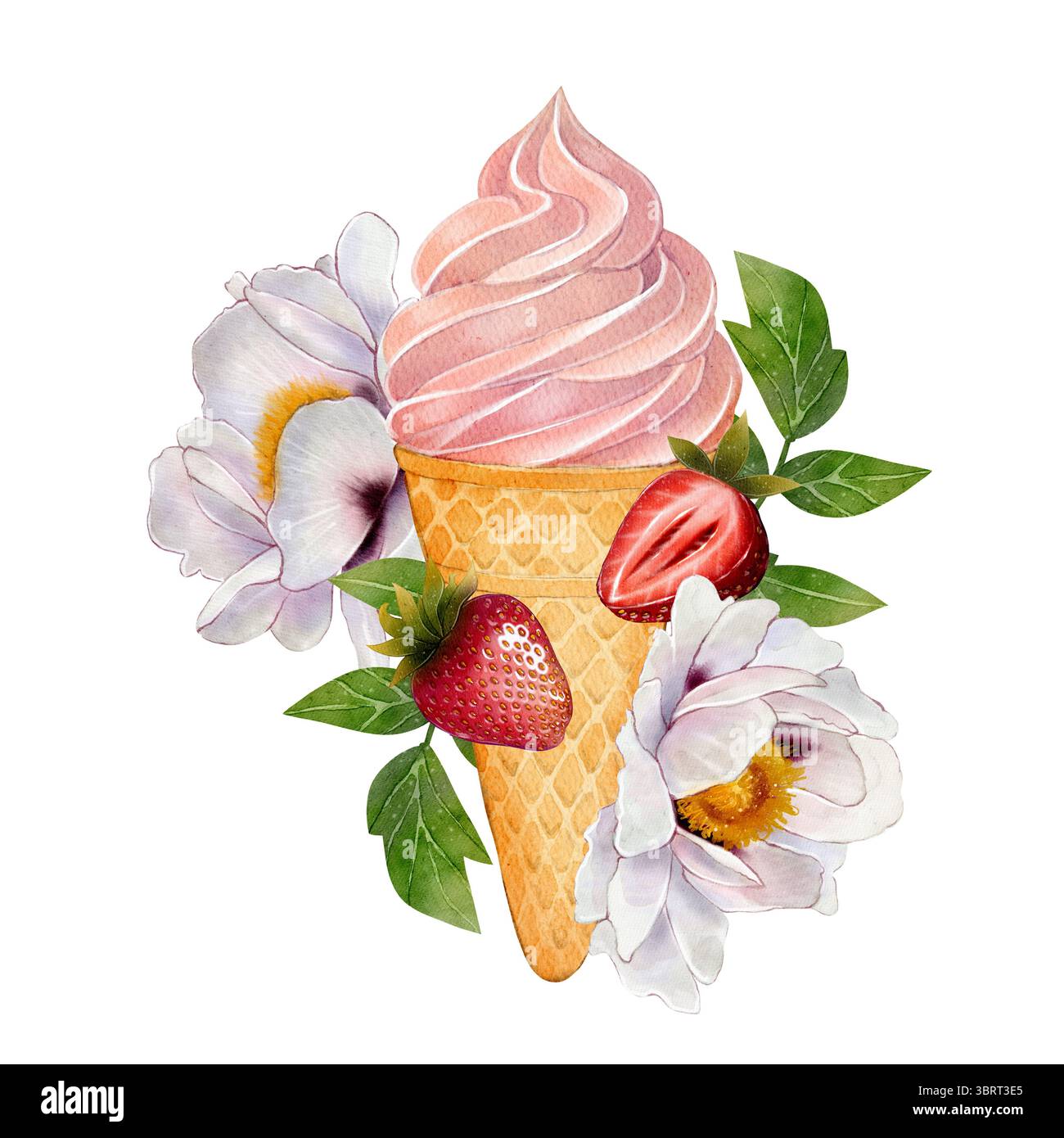 Watercolor composition with pink soft serve ice cream in waffle cone ...