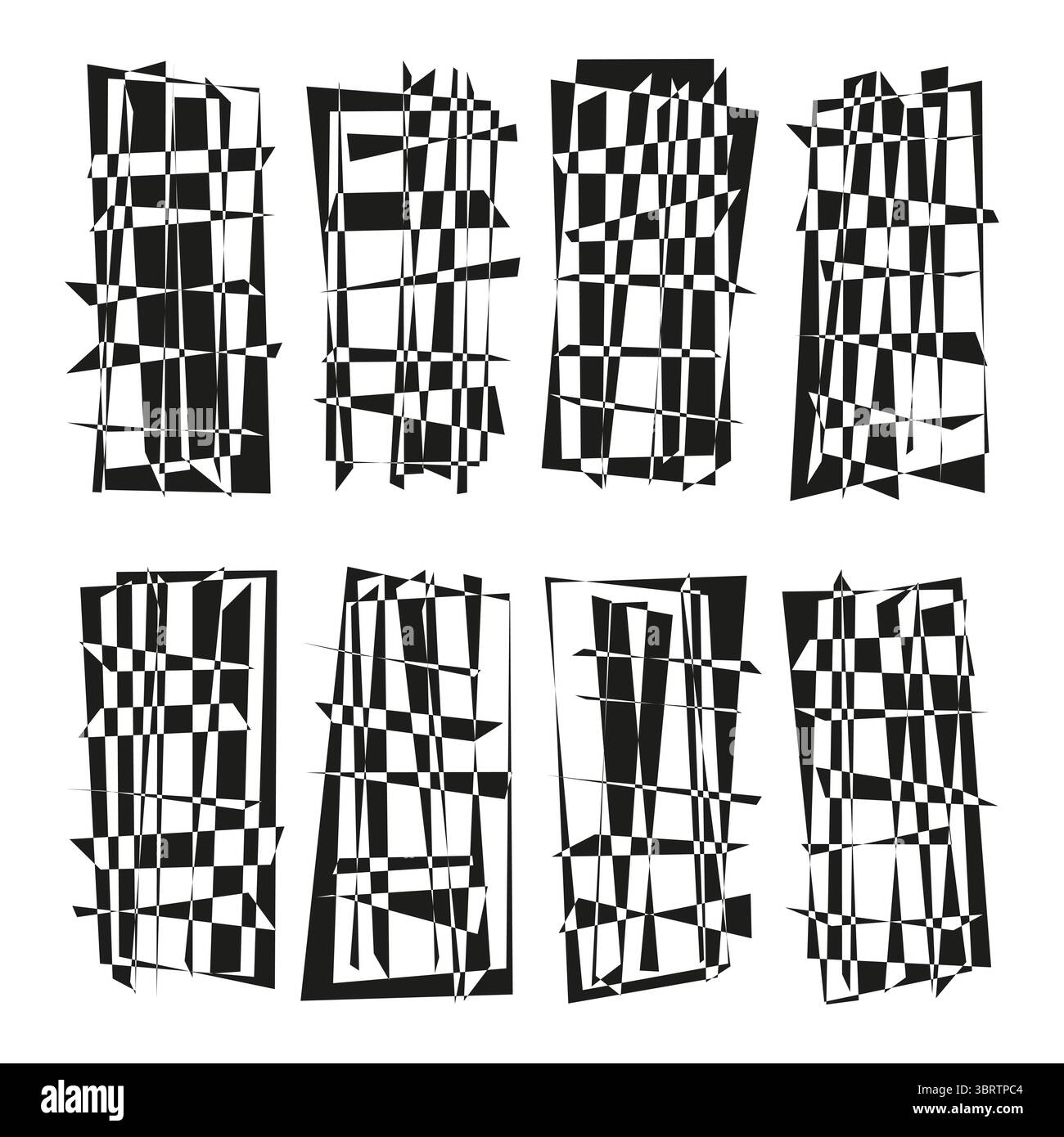 Abstract rectangular shapes. Distorted grid patterns. Geometric striped forms. Vector grunge elements. Stock Vector