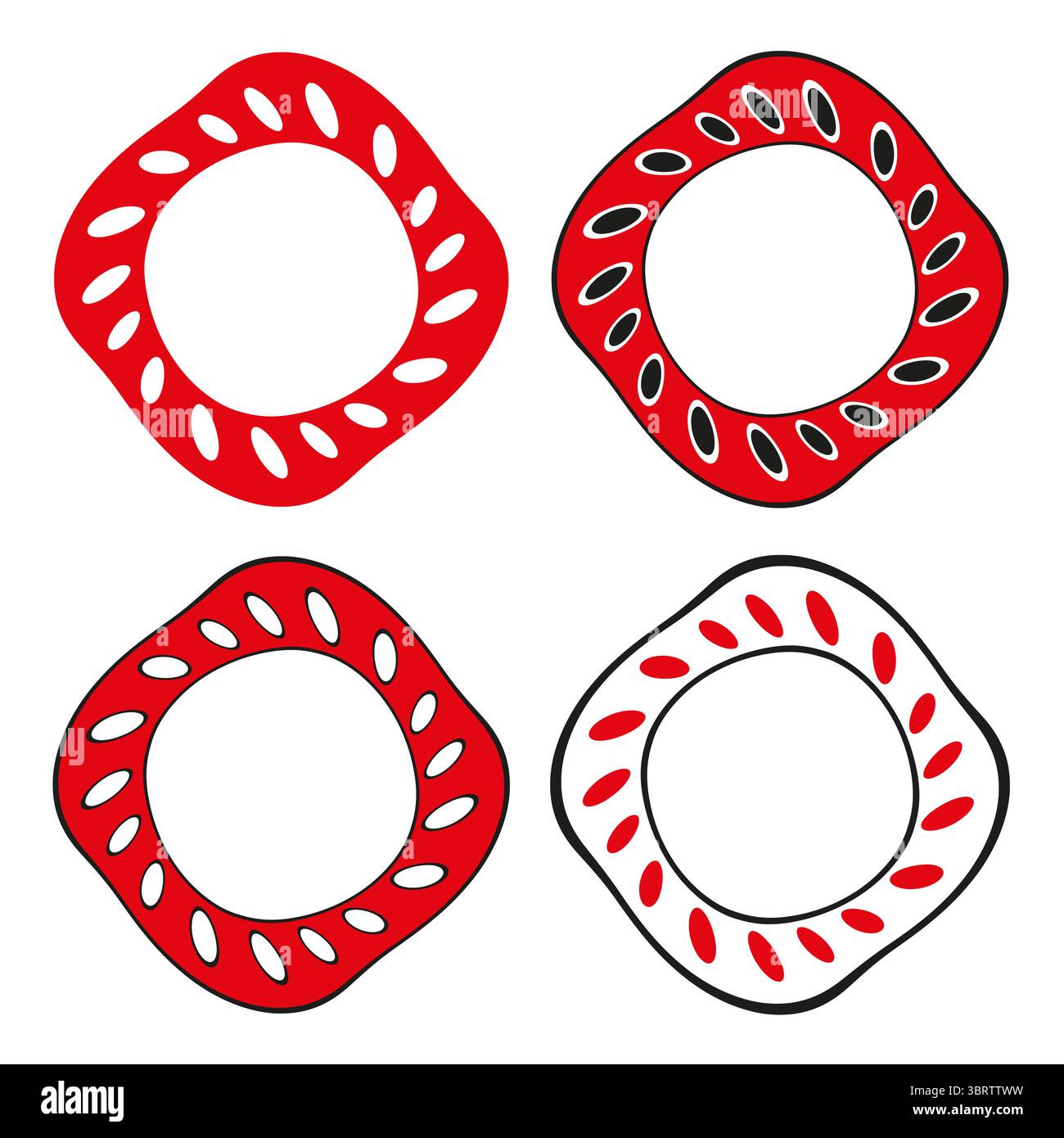Rounded square frames. Red abstract borders. Patterned shape Vector. Decorative ring elements. Stock Vector