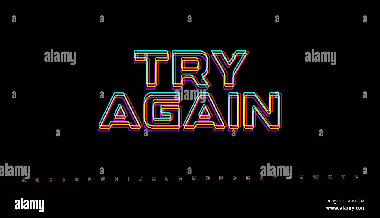 TRY AGAIN distorted glitch phrase. RGB neon text for game fail screen ...