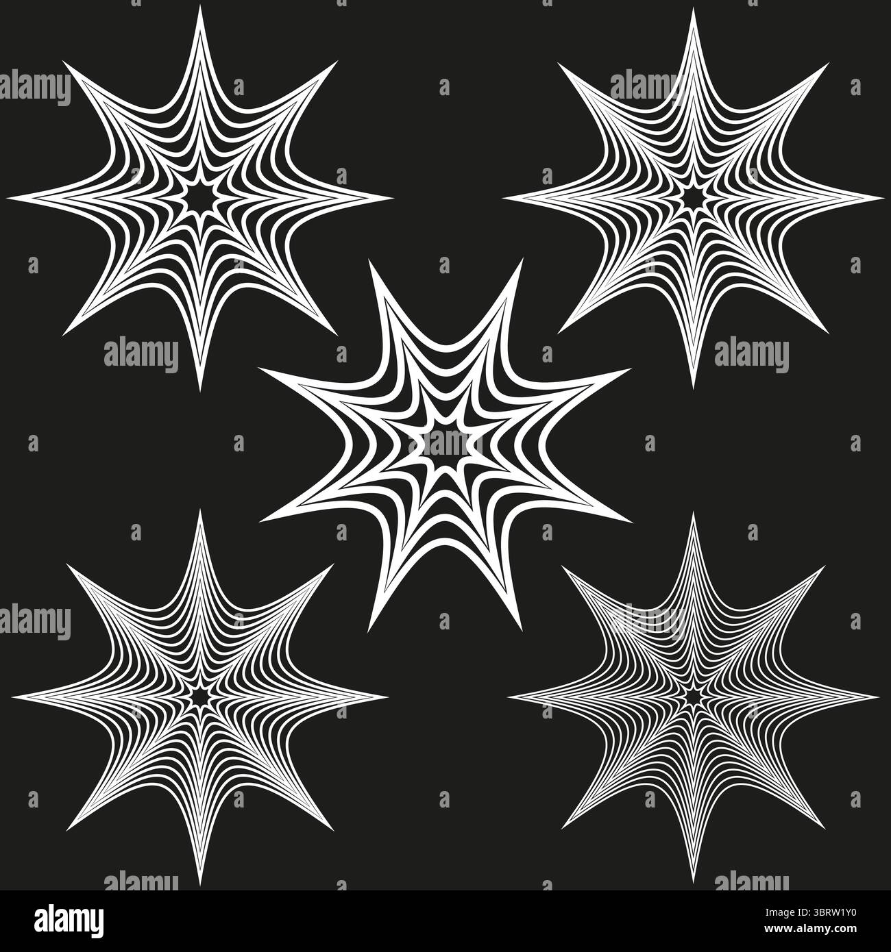 Abstract star set. White burst shapes. Dynamic Vector pattern. Geometric spike illustration. Stock Vector