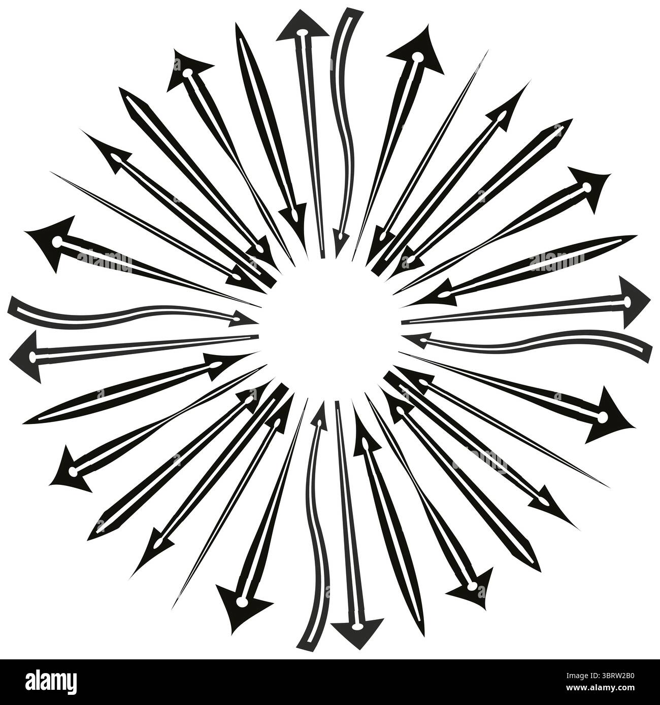 Radiant arrow burst. Circular pointer star. Dynamic radial Vector. Black motion symbol. Stock Vector