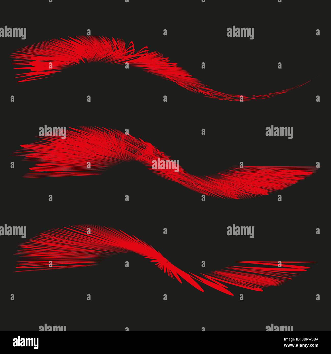 Red feather strokes. Dynamic abstract lines. Curved motion Vector. Black backdrop. Stock Vector
