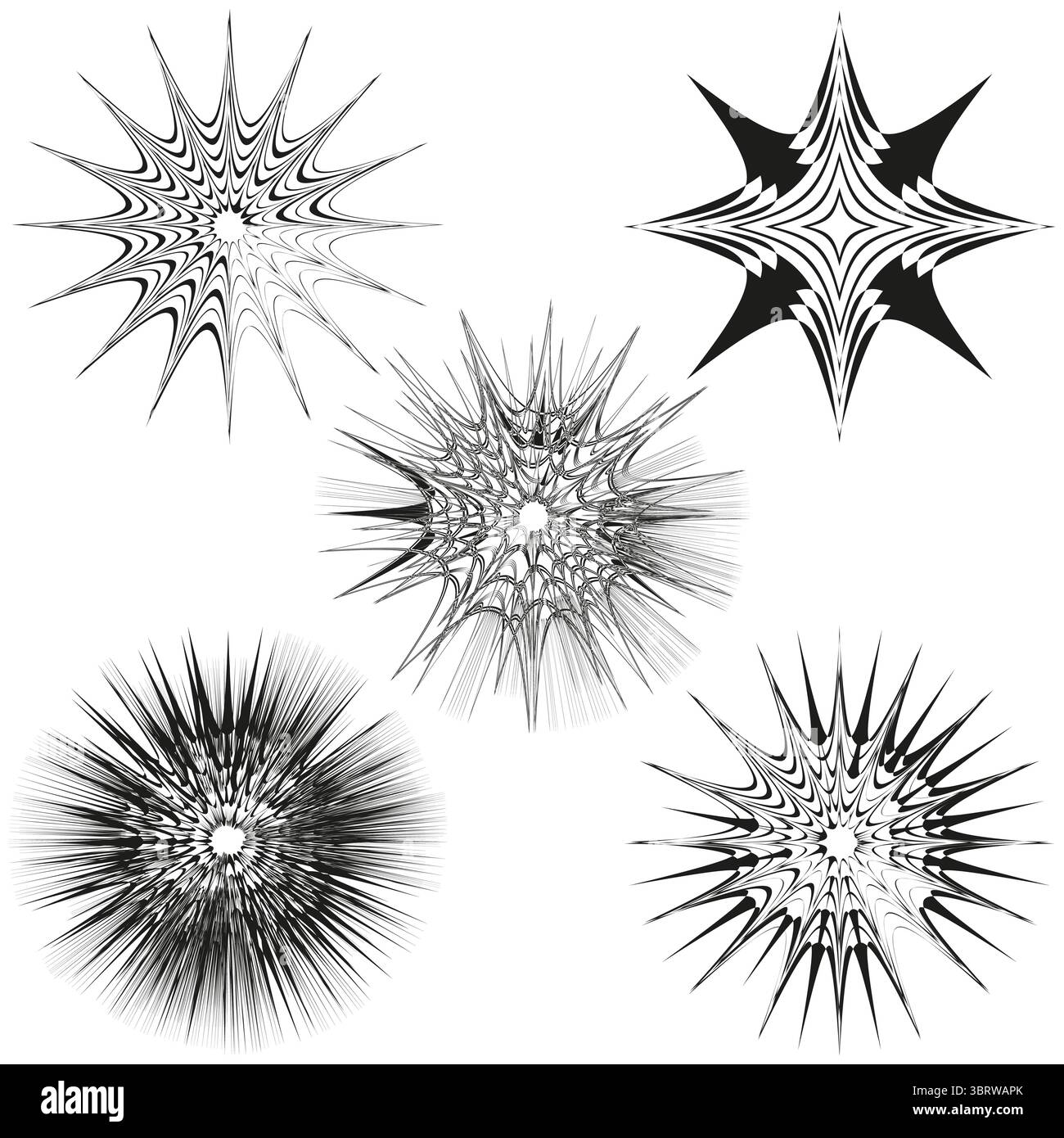 Abstract star bursts. Dynamic spike shapes. Grungy Vector elements. Energetic graphic forms. E Stock Vector