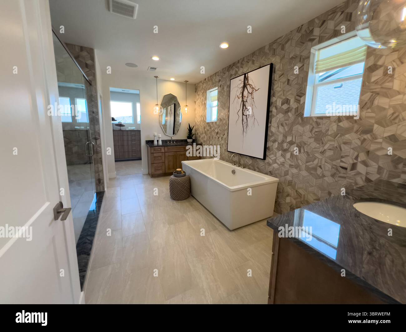 Modern Master Bathroom with Freestanding Tub Stock Photo