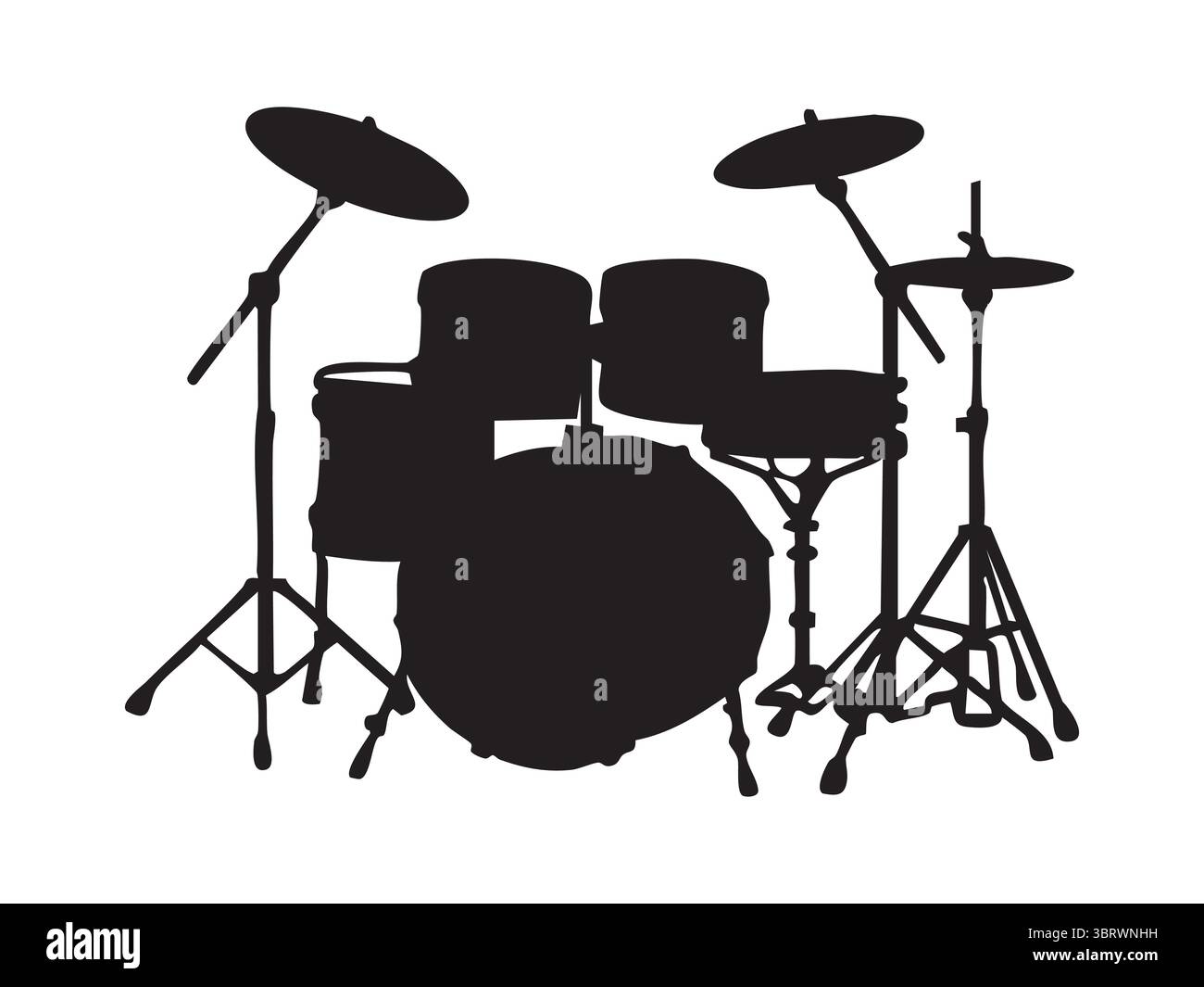 Black silhouette of drum kit isolated on white background, graphic illustration. concept of musical instrument, percussion, band equipment, icon, logo Stock Vector