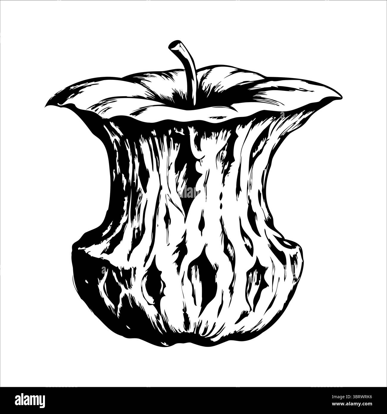 A black and white illustration of a partially eaten apple core. The ...