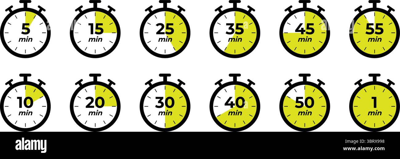 Timer icons set. Stopwatch, kitchen timer, countdown timer, cooking time symbols. Vector. Stock Vector