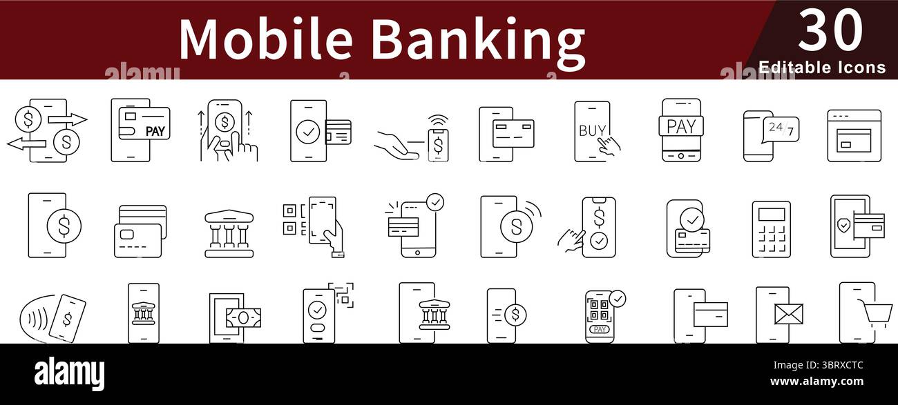 Mobile Banking Line Icons: Digital Finance, Online Transactions and Secure Payment Stock Vector