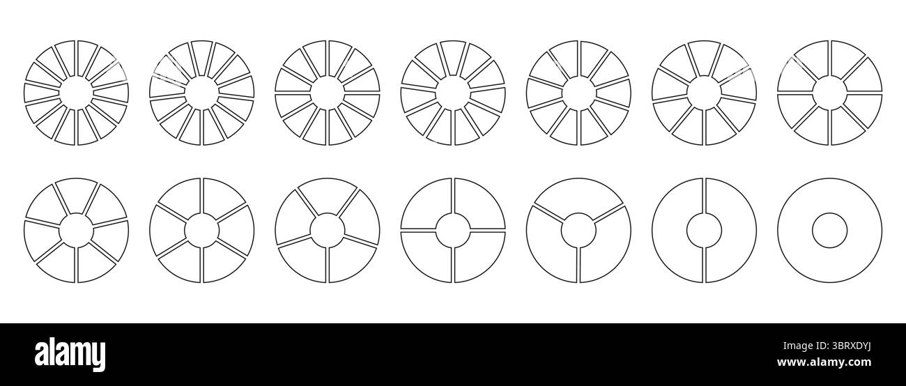 Circle division on equal parts. Wheel round divided diagrams with segments. Coaching blank. Set of infographic. Section graph line art. Pie, pizza Stock Vector