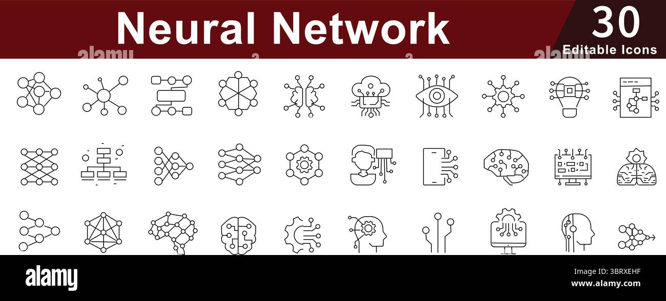 Neural Network Line Icons: Artificial Intelligence, Machine Learning and Brain Technology Stock Vector