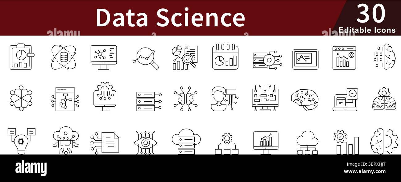 Data Science Editable Line Icons Set for Analytics, Machine Learning ...