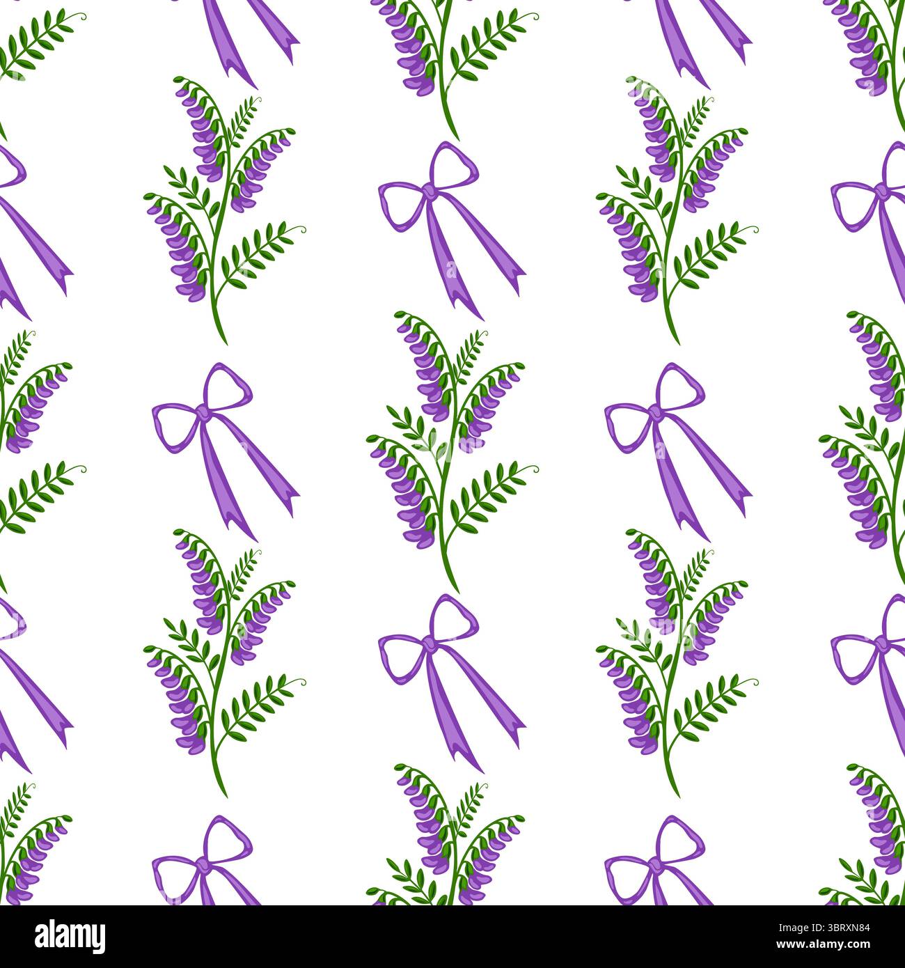 Seamless vector pattern featuring delicate purple tufted vetch blossoms and elegant bows, creating a charming and repetitive design ideal for various Stock Vector