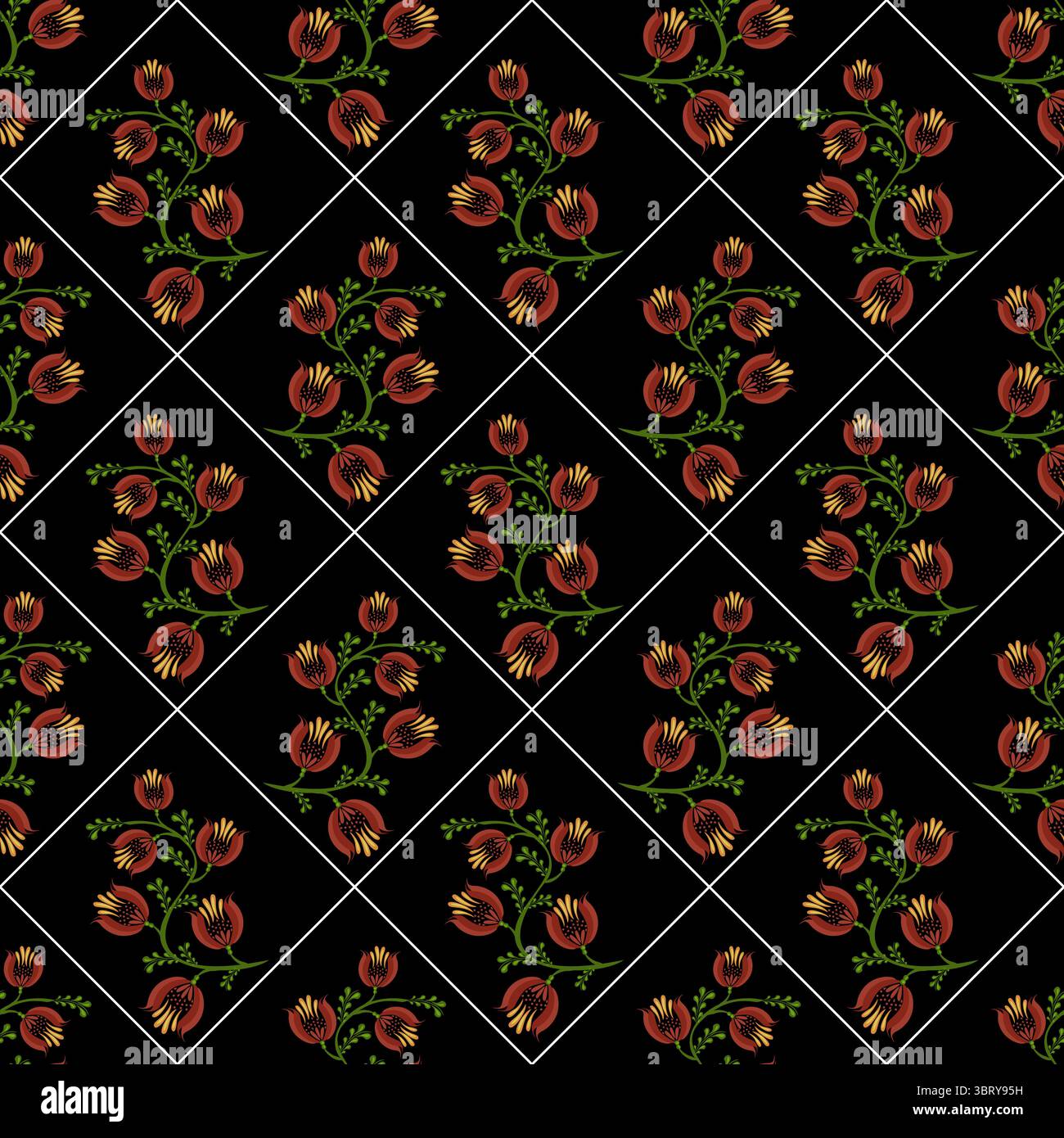 A seamless floral folk art vector pattern featuring red and orange flowers with green leaves on a black background, arranged in a diamond grid layout. Stock Vector