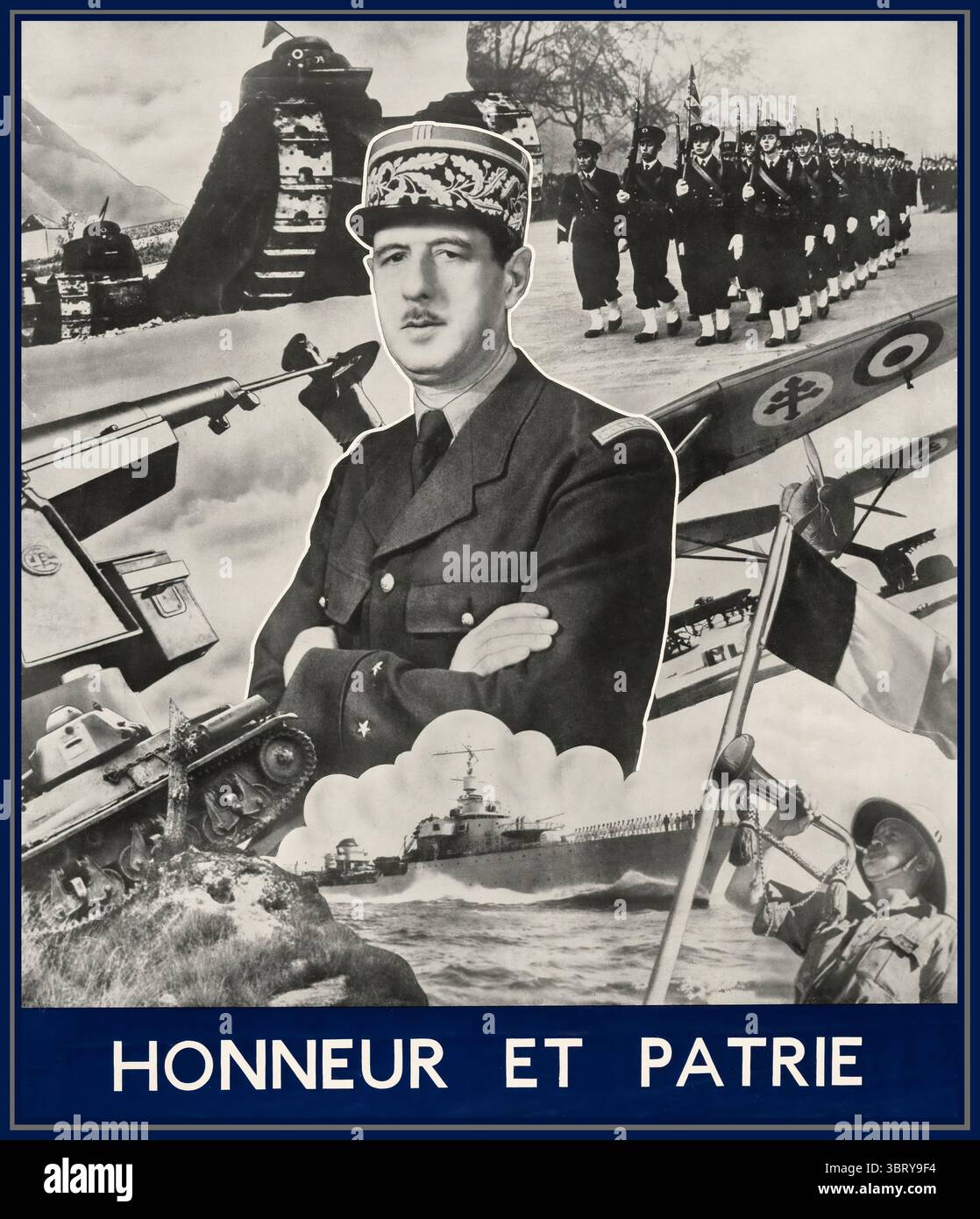 Free French World War II political poster featuring Général Charles de Gaulle, with the motto 'Honneur et Patrie' (Honour and Country) at the bottom.  The poster prominently displays a central image of Charles de Gaulle, surrounded by various depictions of the French military, including soldiers, aircraft, a warship, tanks, and artillery.  It is a propaganda poster from the 1940-1945 period, used to inspire and unite the French people during the war.  The phrase 'Honneur et Patrie' is a well-known French patriotic motto, emphasizing duty and loyalty to the nation. France Stock Photo