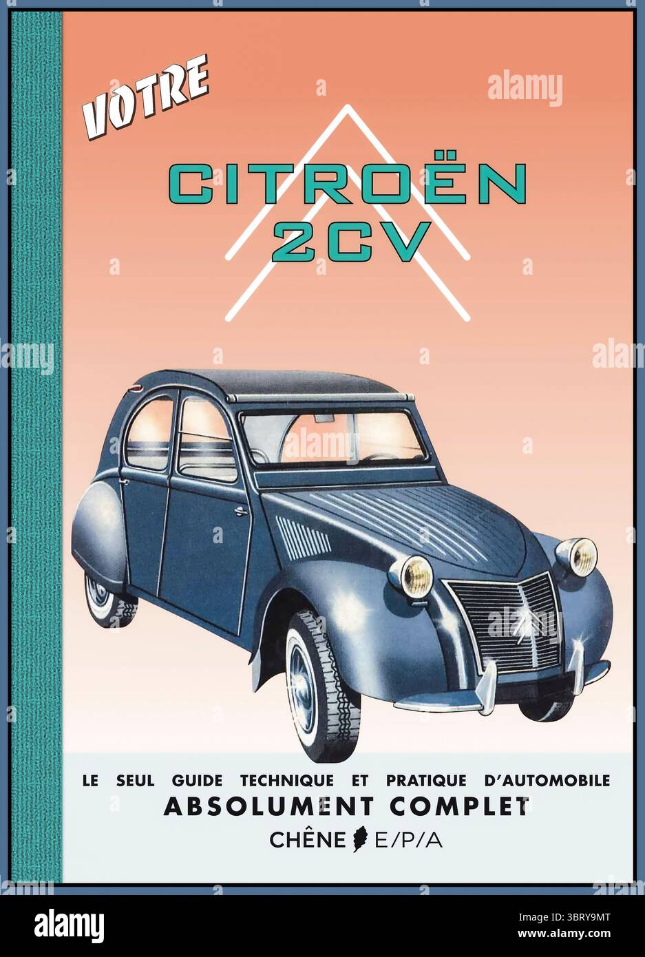 CITROËN 2CV cover of a technical and practical guide for the Citroën 2CV, a classic French economy car. Citroën 2CV: Often referred to as 'deux chevaux' (two horses), the 2CV was an economy car produced by Citroën from 1948 to 1990.  It was designed to be a rugged, useful, and affordable vehicle, famously conceived to carry four people and 50kg of goods at 30mph across rough terrain without breaking a basket of eggs. The 2CV became a symbol of affordable mobility in post-war France and developed a cult following due to its innovative design, reliability, and low running costs. Stock Photo