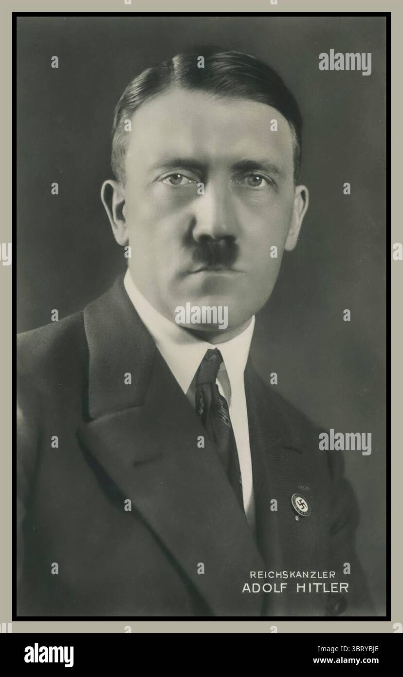 Adolf Hitler studio portrait in 1932, shortly before he became Chancellor of Germany (Reichskanzler) Adolf Hitler was an Austrian-born German politician who was the dictator of Nazi Germany from 1933 until his suicide in 1945. He rose to power as the leader of the Nazi Party, becoming the chancellor in 1933 and then taking the title of Führer und Reichskanzler in 1934. Nazi Germany Stock Photo