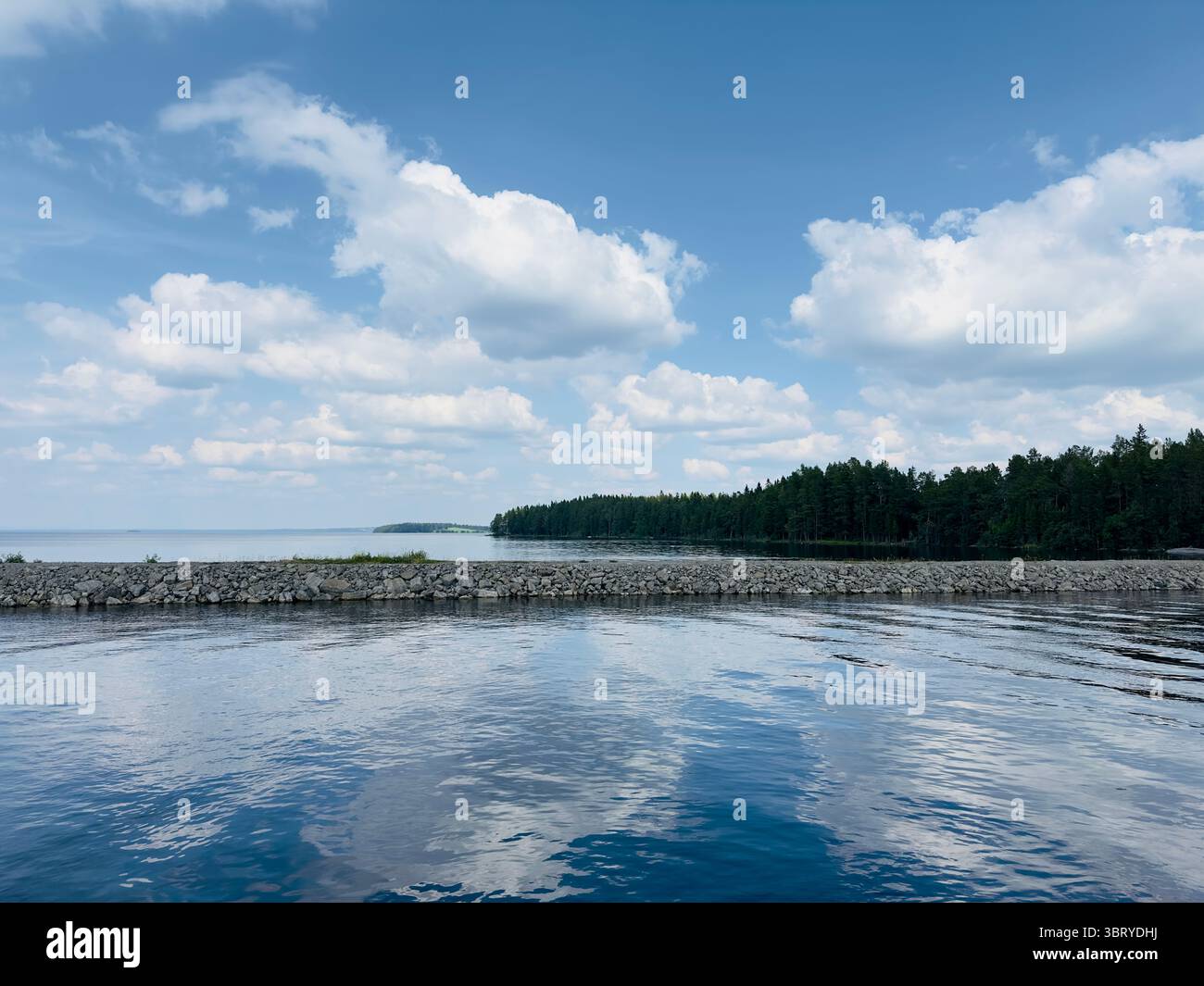 Beautiful view of a calm lake, clear sky, and lush green trees in daylight. - Smartphone Captured Stock Image