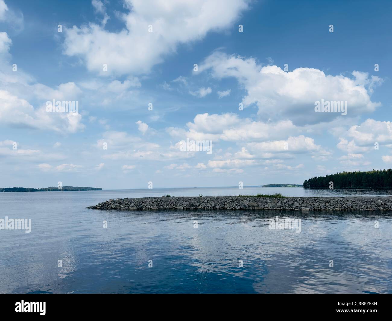 Beautiful view of a calm lake, clear sky, and lush green trees in daylight. - Smartphone Captured Stock Image