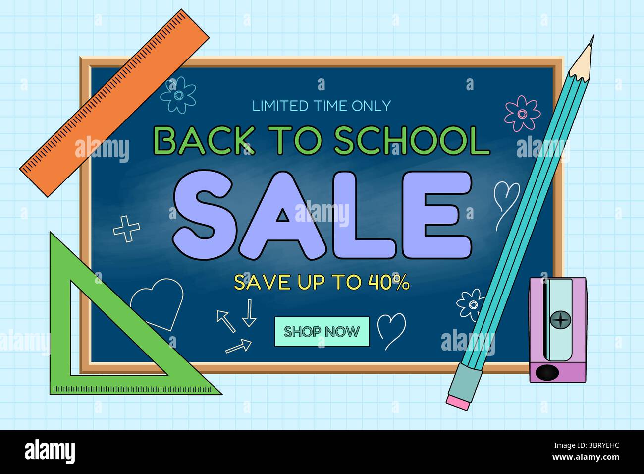Back to school sale banner with chalkboard, pencil, ruler, triangle, sharpener, and doodles on checkered background. For seasonal promotion, shopping Stock Vector