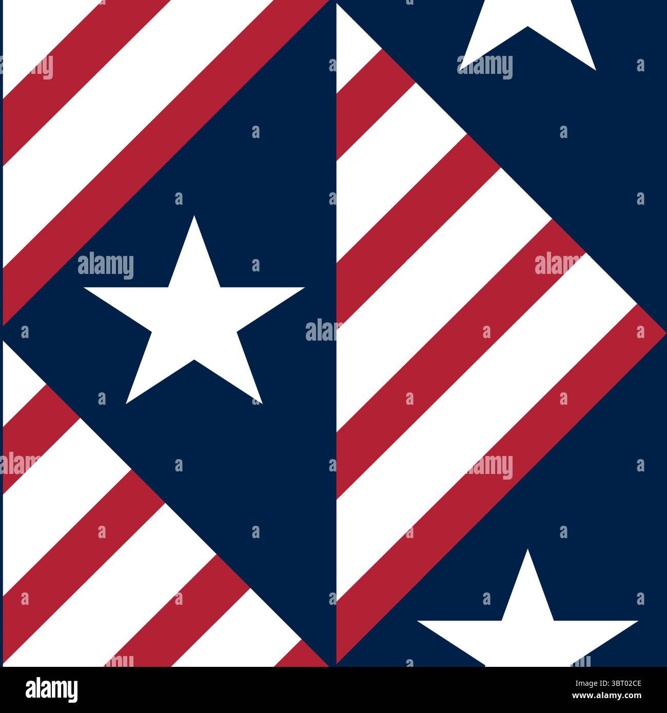 A geometric vector pattern featuring red and white stripes arranged in a diamond shape on a blue background, interspersed with white stars. Stock Vector