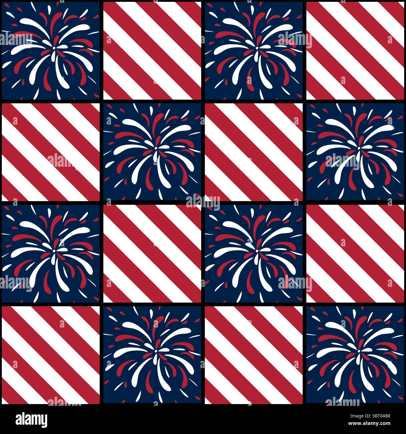 A repeating vector pattern featuring red and white diagonal stripes alongside blue squares with colorful fireworks. The design evokes a festive and pa Stock Vector
